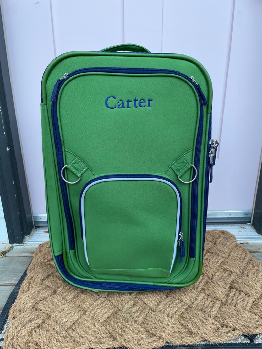 Pottery Barn monogram Cartier Green Suitcase with Navy Accents